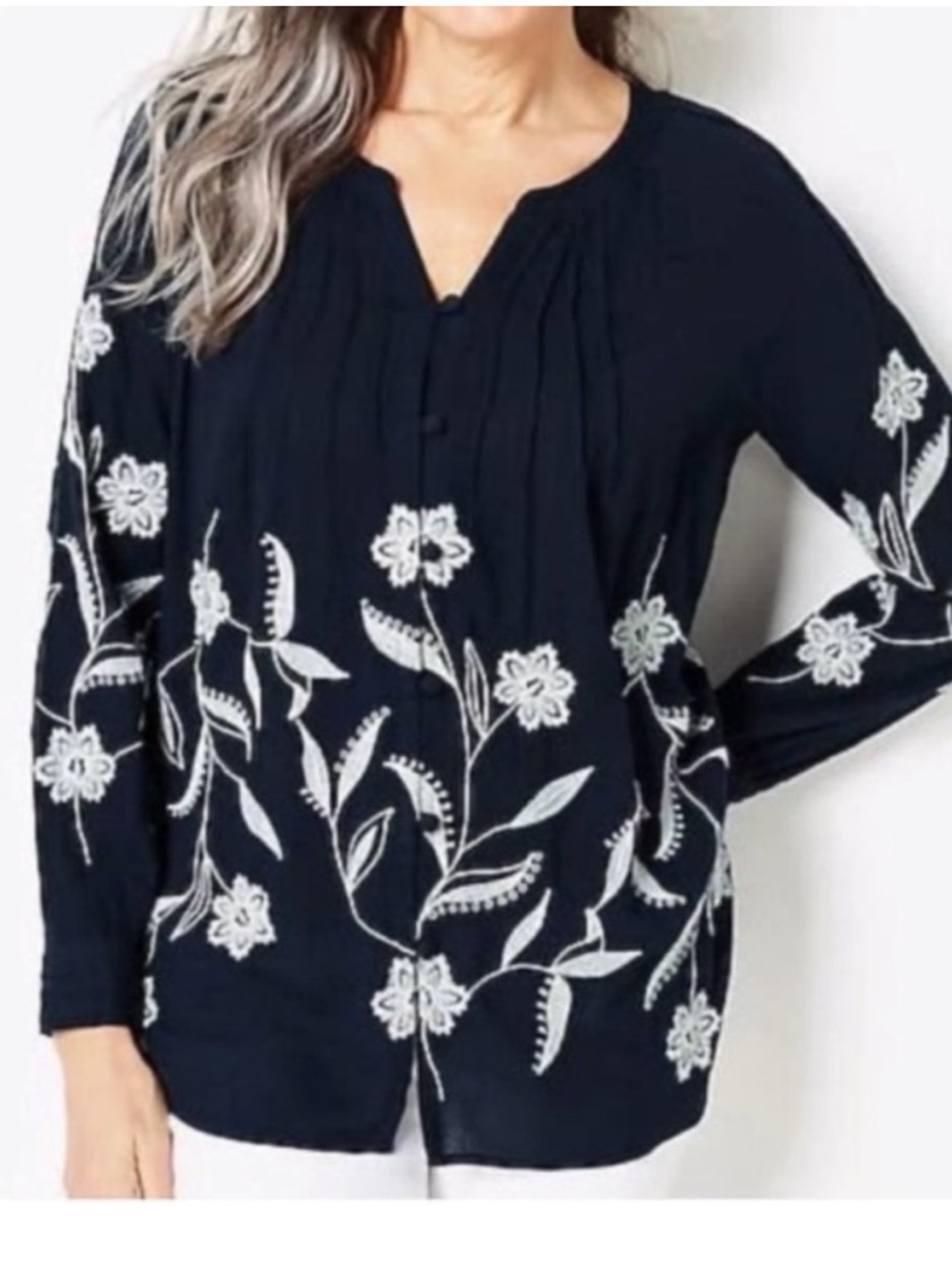 J. Jill Navy Blouse with White Floral Embroidery